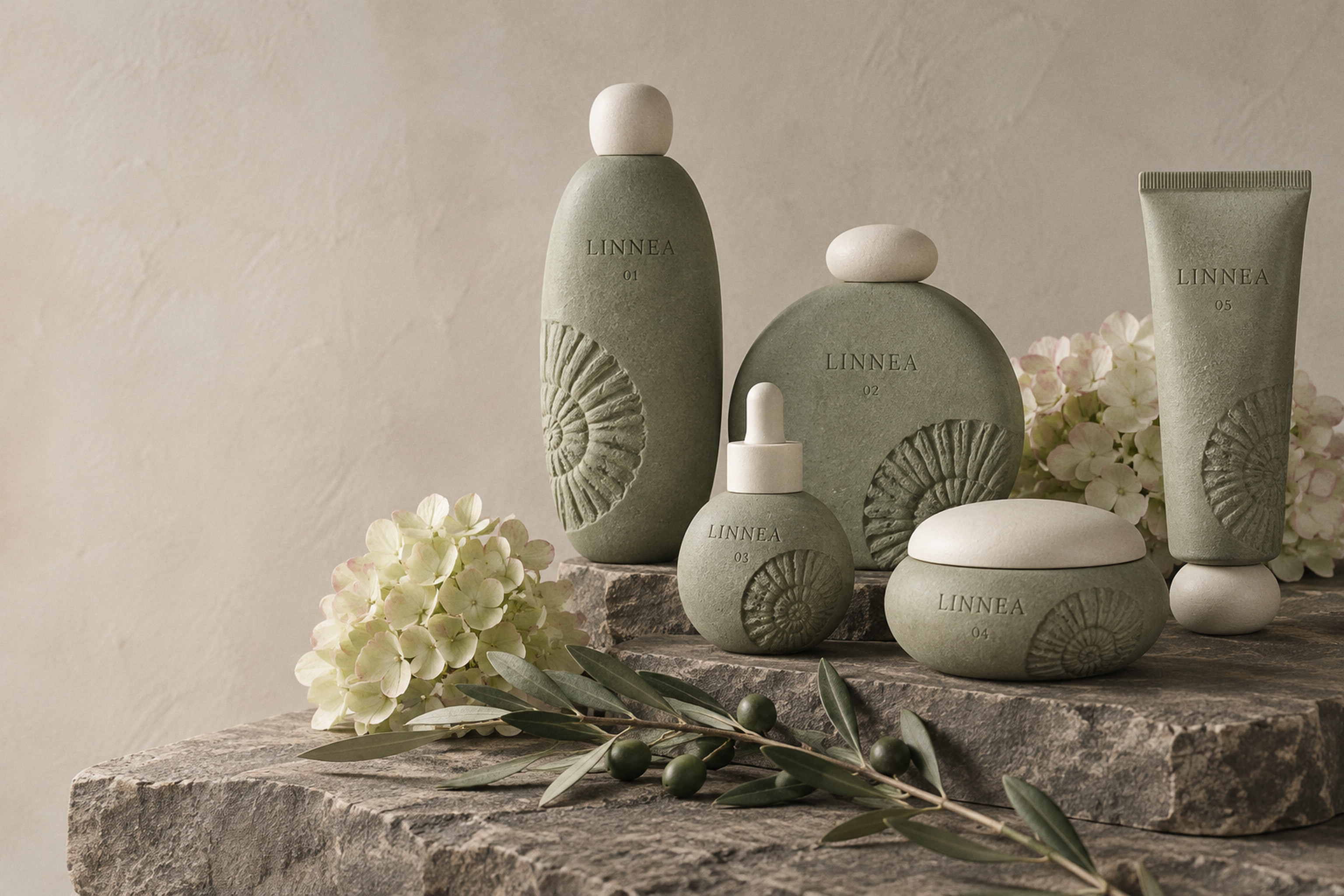 The five LINNEA pebble bottles on travertine blocks with an olive sprig
