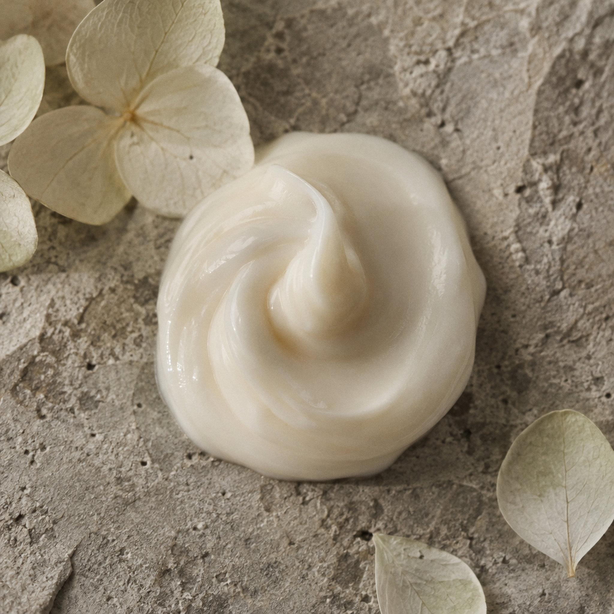 A swirl of cream on limestone with hydrangea petals