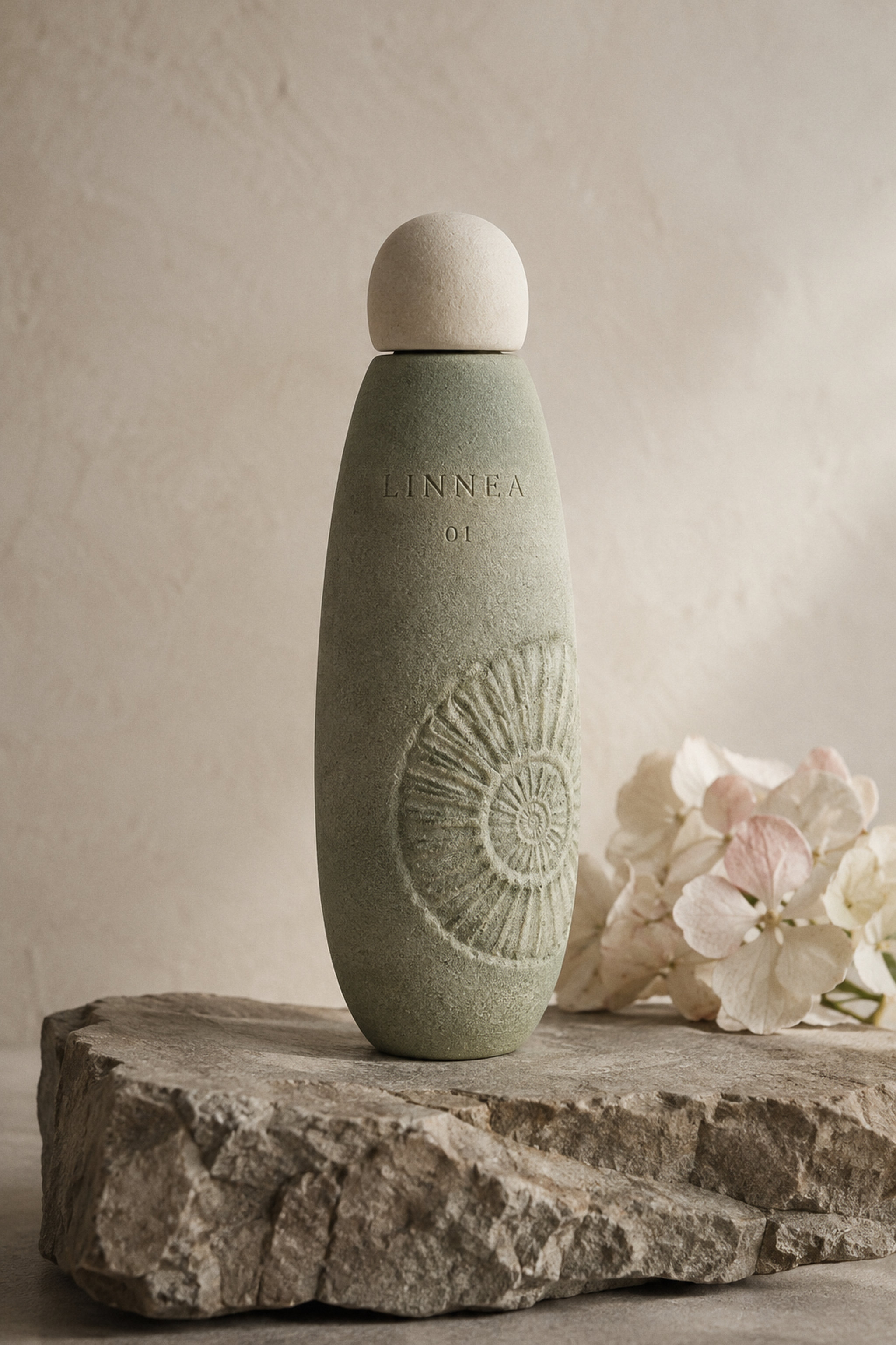 Cleansing Gel — tall sage pebble bottle with a bone cap, step 01