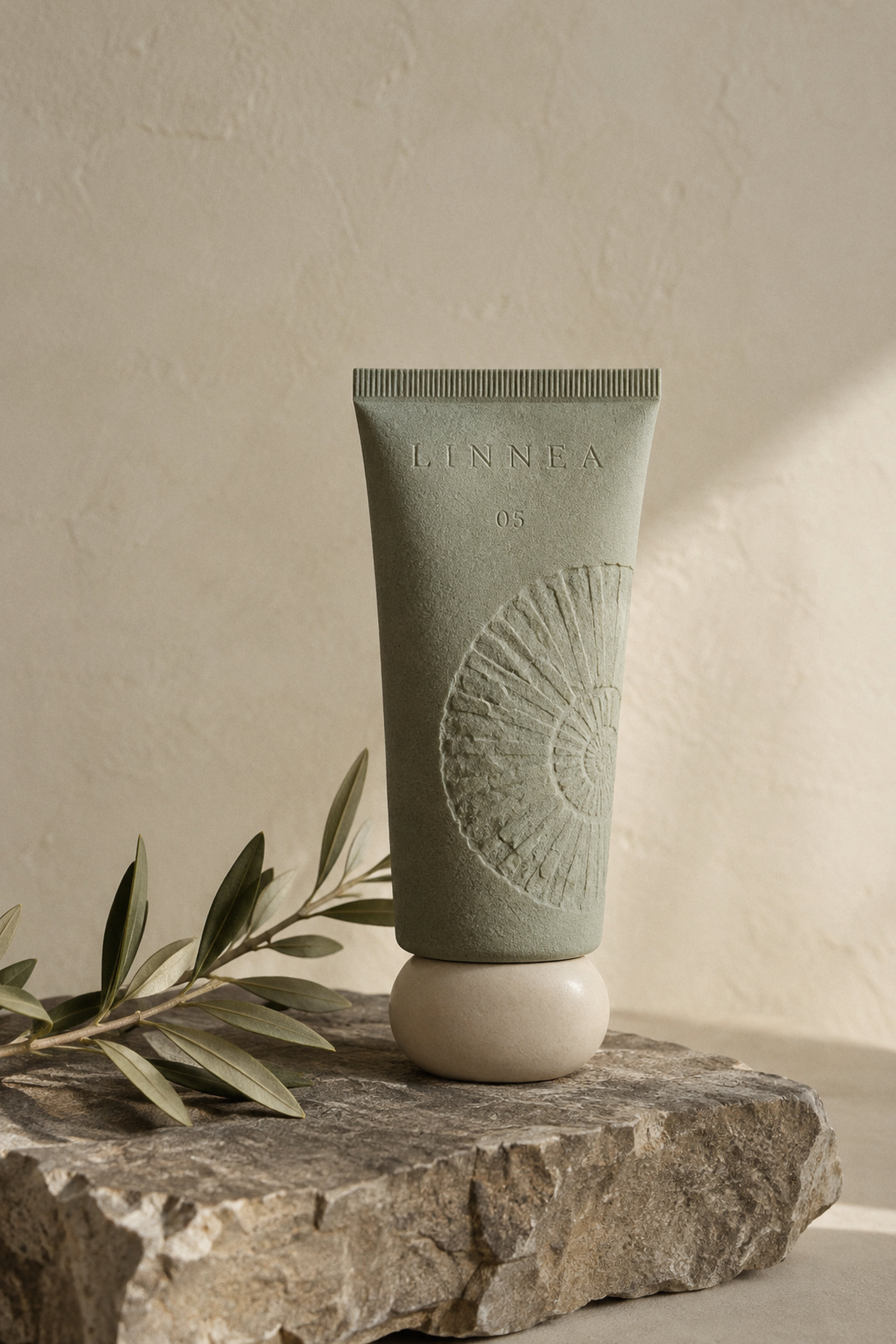 SPF 50 Fluid — sage tube on a bone pebble cap, step 05