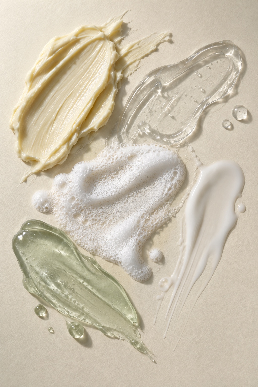 Five textures casually smeared on paper: cream, clear gel, foam, milky fluid and a green toner jelly
